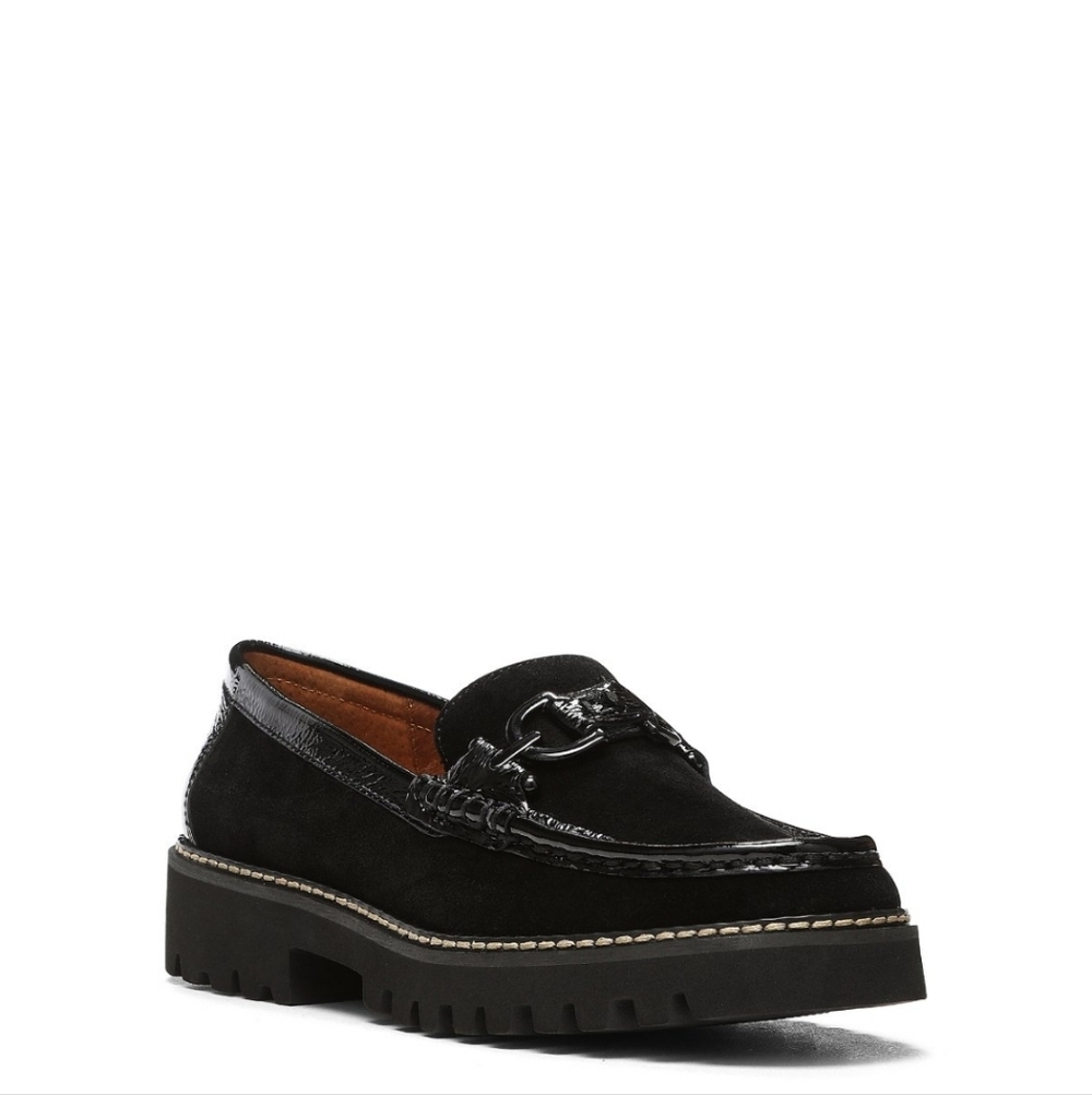 Donald Pliner 7M Black Suede & Patent Leather Lug Sole Loafers Gunmetal Horsebit - Picture 6 of 11